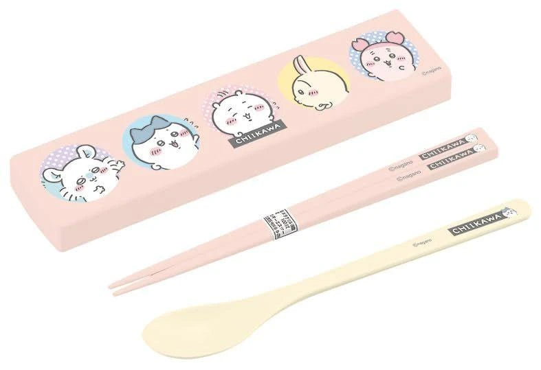 Japan Chiikawa Chopsticks 18cm & Spoon with Case - Chiikawa : Characters Face Pink
