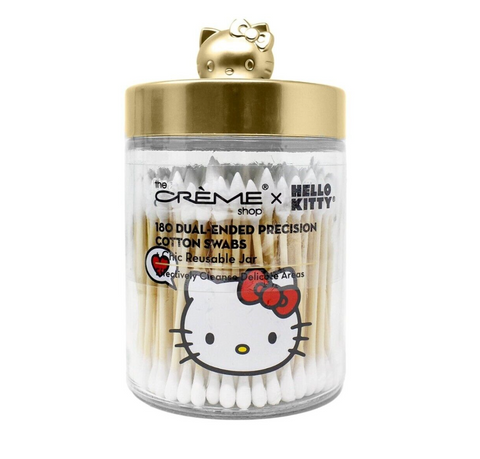 The Crème Shop Hello Kitty Chic Reusable Glass Jar with Cotton Swabs Matte Gold